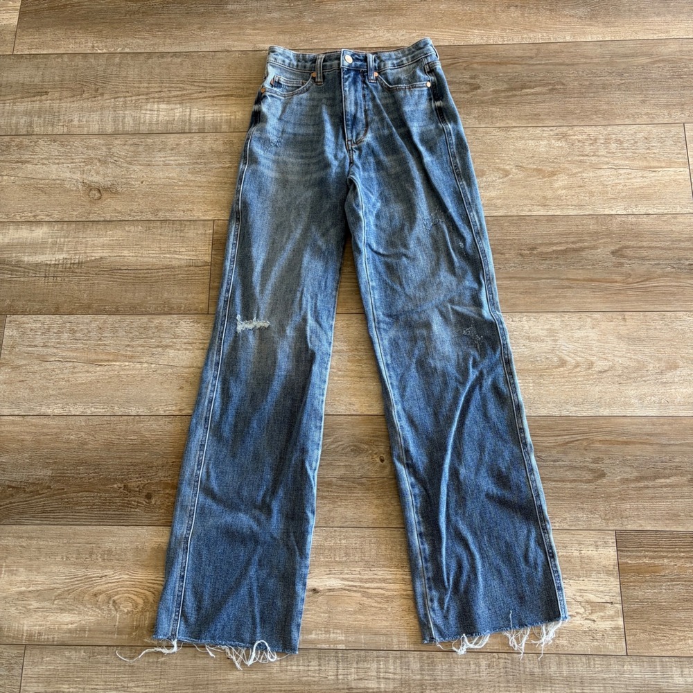 Judy Blue Straight Fit Jeans Women 3/26 Blue Distressed Raw Hem Stretch Denim